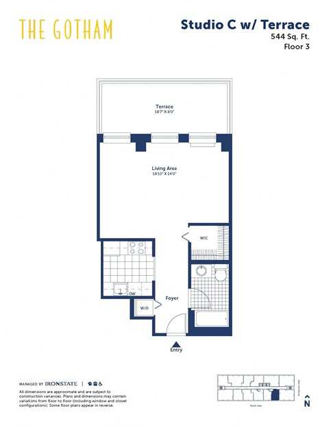Floor plan for studio, 1 bath, 544 sqft